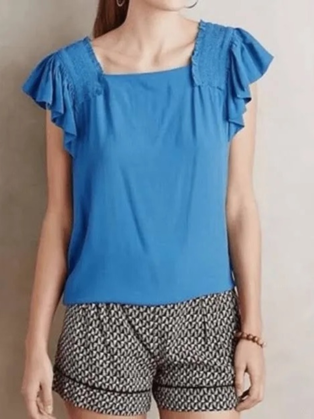 Maeve Sky Blue Ruffle-Sleeve Square-Neck Top